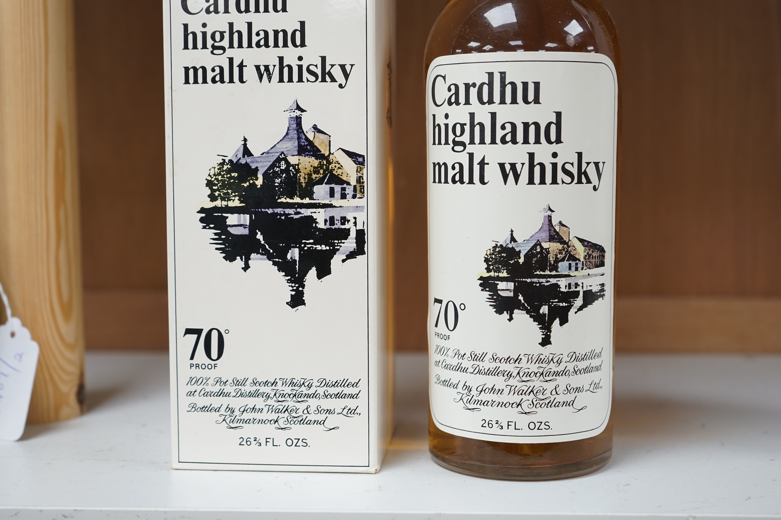 A bottle of Cardhu Highland malt whisky, 1960s, 70% proof, 12 years old with original box. Condition - good.